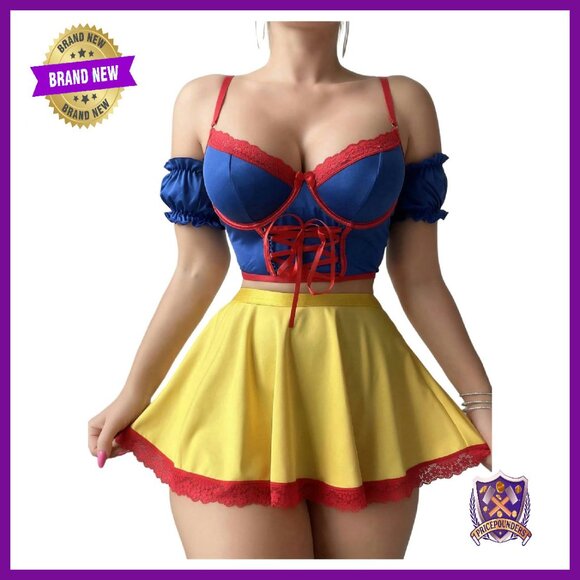 5 Piece Lace Up Underwire Bra Ruffle Skirt Thong Set with Wrist Bands